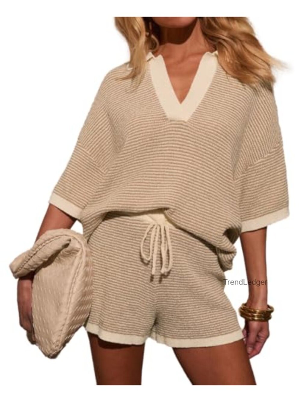 Women's Crochet Knit 2 Piece Lounge Set - V-Neck Top & Drawstring Shorts,